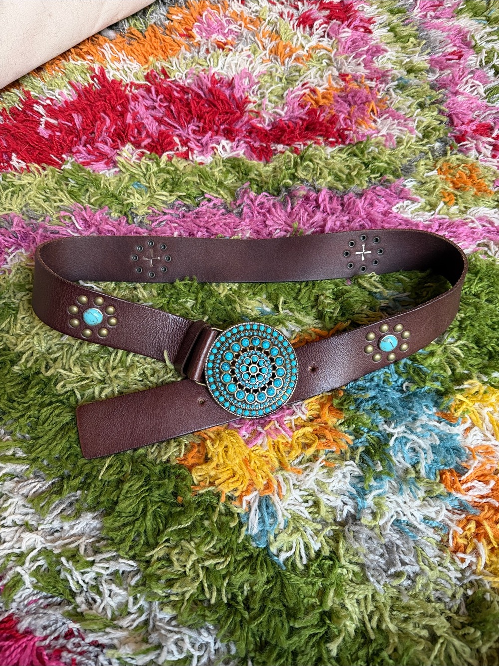 DEFECT Brown Leather Western Turquoise Medallion Buckle Belt
